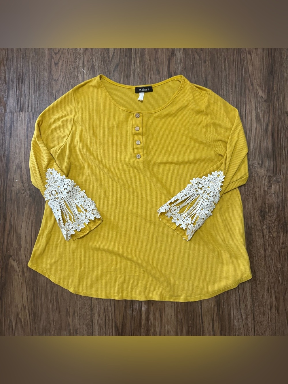 Adara 2XL Mustard Yellow Lace Bell Sleeve Waffle Knit Henley Blouse